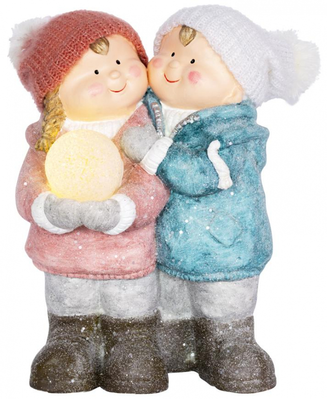 Chlapček a dievčatko so snehovou guľou 1LED keramika 27.5x23x40cm