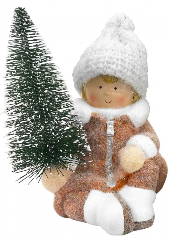 Postavička Vianoce Chlapček so stromčekom terakota 14.5x13x17cm