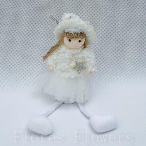 Dievčatko v klobúku s visiacimi nožičkami textilné 20cm biele