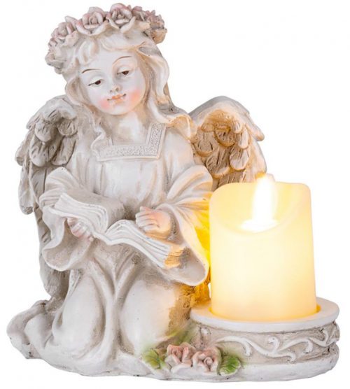 Dekorácia MagicHome Anjel s knihou a sviečkou LED polyresin na hrob