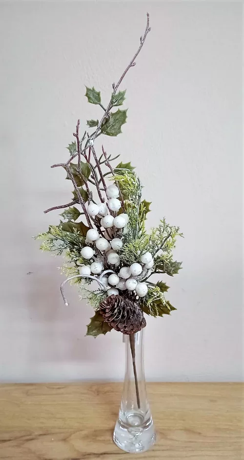 Vianočný konár biele bobule šiška 47cm