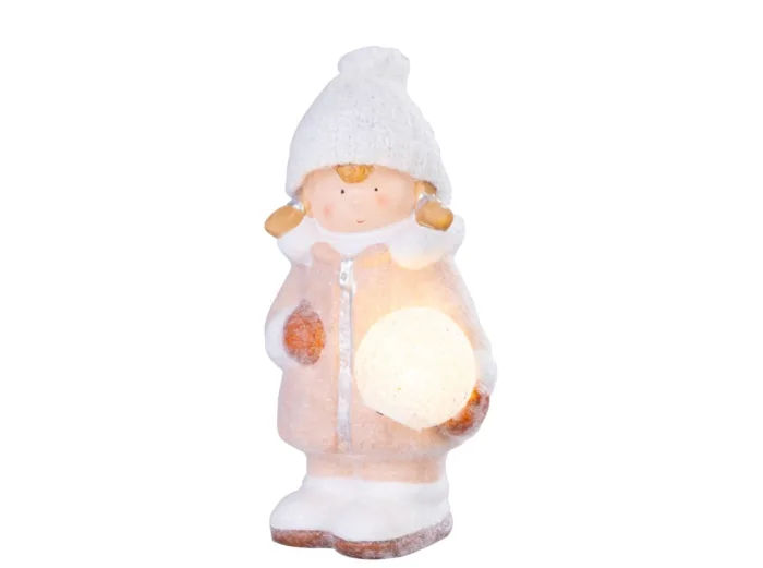 Postavička Vianoce Dievčatko so snehovou guľou 1LED keramika 14x13x25cm