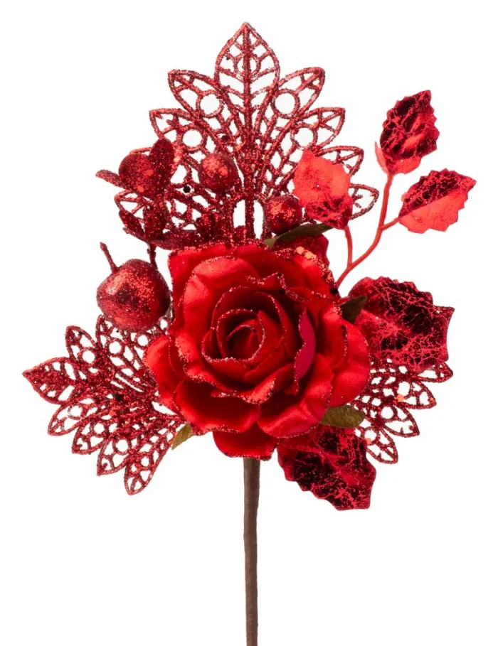 Vetvička MagicHome Vianoce s ružou červená 25.5cm